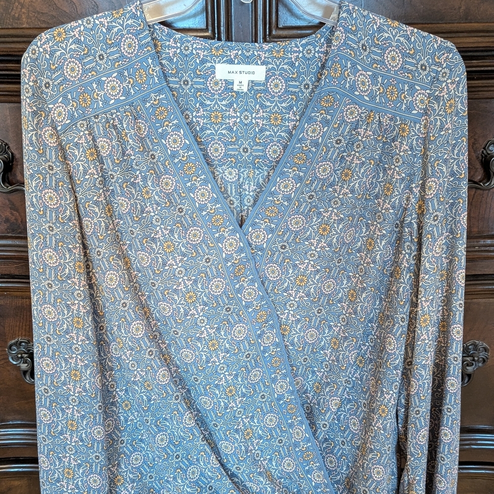 Max Studio Floral Blue Wrap Top